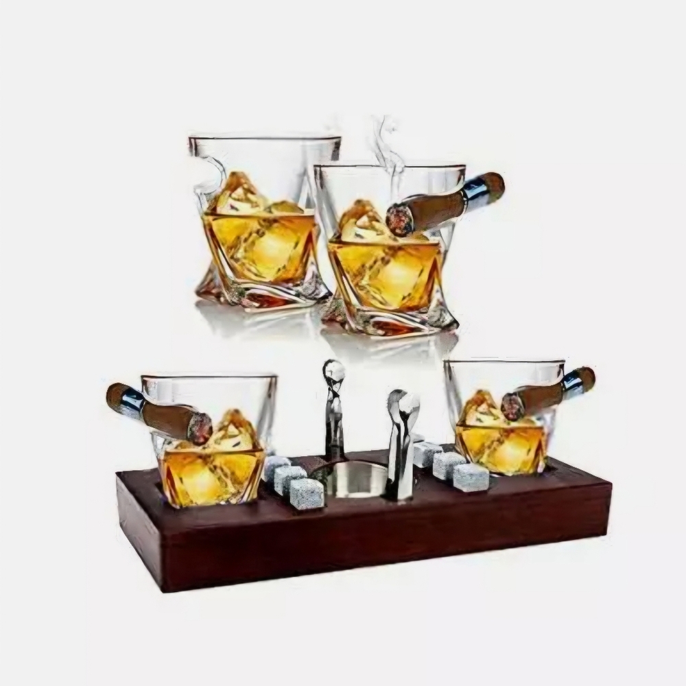 NEW Bezrat Barware 14pc Whiskey Cigar Set with Mahogany Wooden Base
